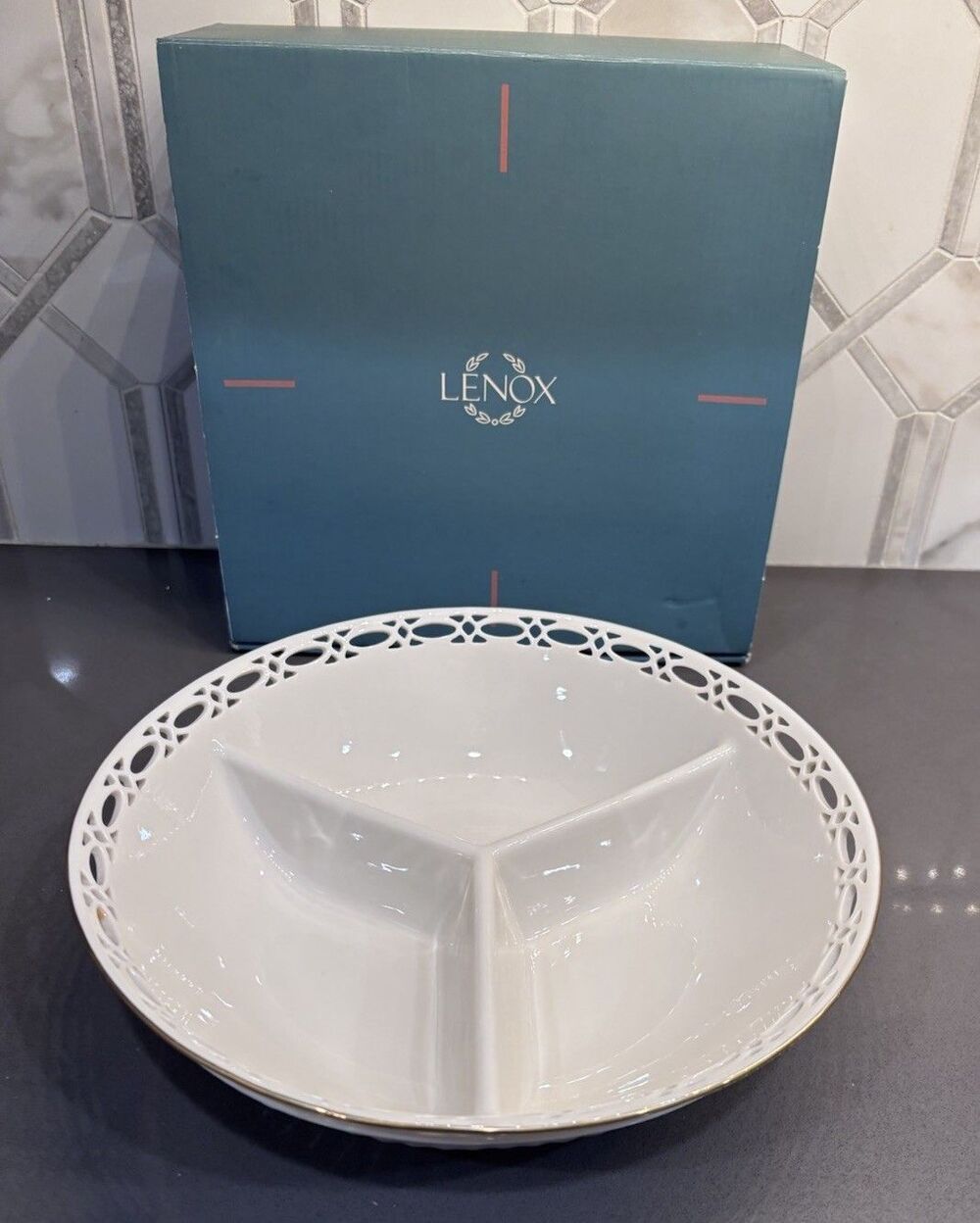Lenox 3 Section Matelasse Divided Condiment Serving Bowl - In Original Box